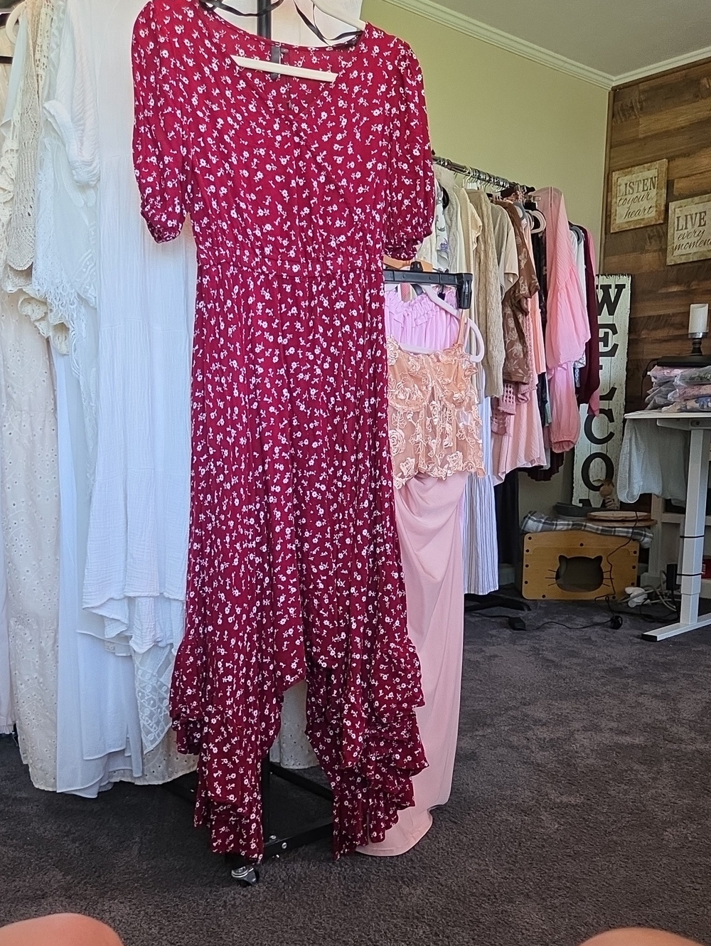Love Red Floral High-Low Ruffle Midi Dress